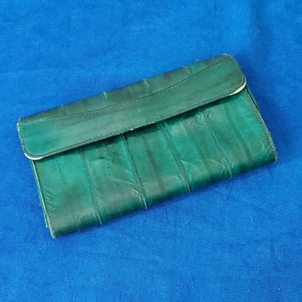 Vintage Genuine Eel Skin Leather Envelope Wallet Green Bi-Fold Checkbook Clutch